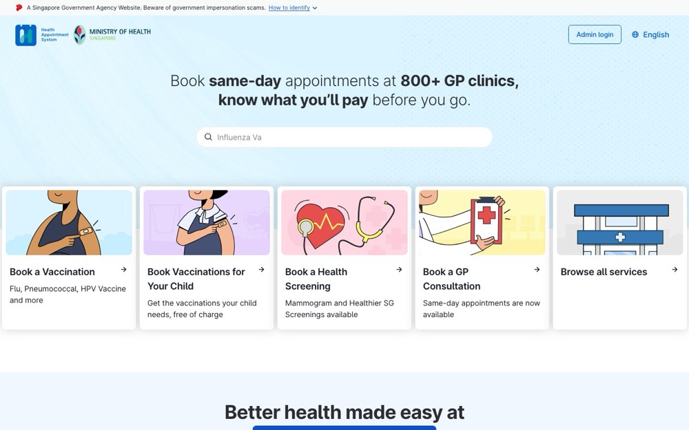 Health Appointment System homepage: 'Book same-day appointments at 800+ GP clinics, know what you'll pay before you go.'