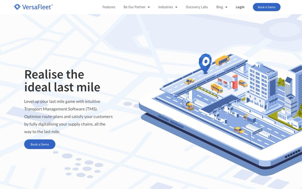 VersaFleet homepage: 'Realise the ideal last mile' — transport management software for route planning and supply-chain digitalisation.